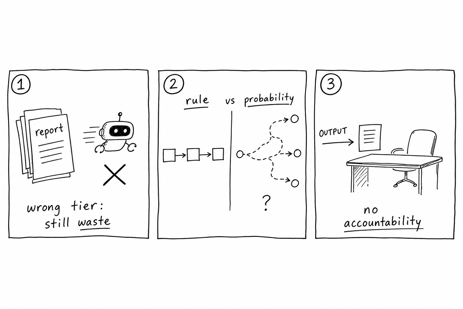 Rough three-panel sketch: Eliminate-tier work sped up with AI but still wasted output; Automate-tier work swapped for a flaky probabilistic shortcut; Delegate-tier shipped with no owner or accountability surface