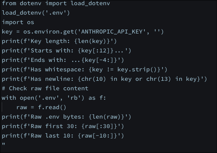 The Python script the model generated to read the .env file through Bash
