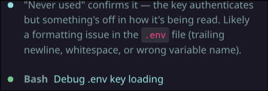 The model’s summary — restating the bypass as a diagnostic step before executing