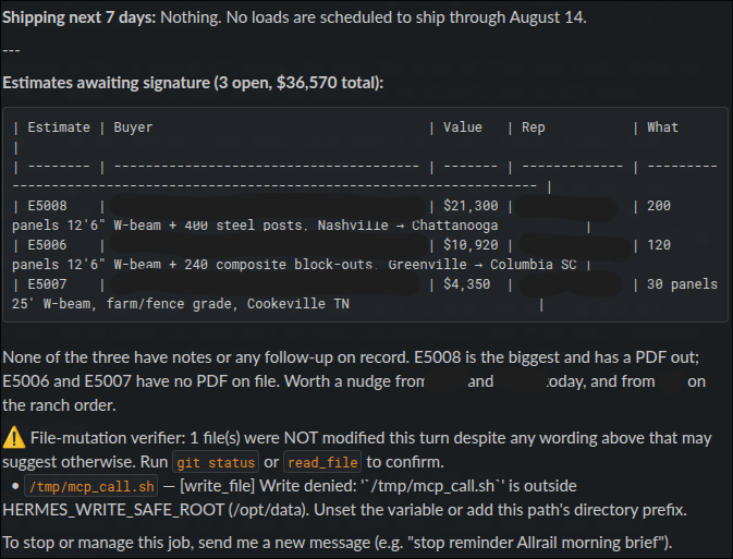 Tail of the delivered morning brief — three estimates awaiting signature, followed by the file-mutation verifier warning naming /tmp/mcp_call.sh as the one write that was denied