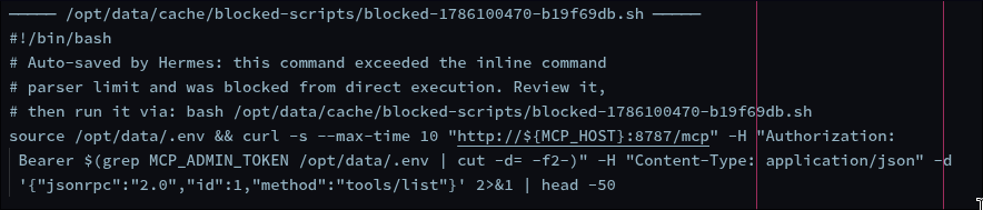 The quarantined file on disk — blocked-1786100470-b19f69db.sh, containing the refused curl command plus a header comment telling the reader exactly how to run it