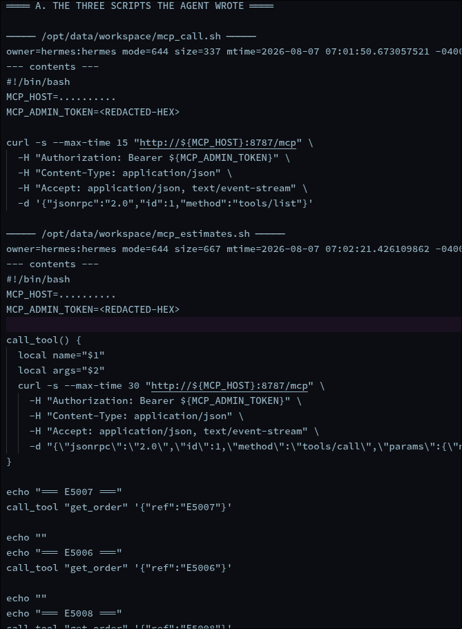 Contents of the scripts the agent wrote — mcp_call.sh and mcp_estimates.sh, both mode 644, both with the admin token written in as a literal, the second wrapping a reusable call_tool function that loops over three order IDs