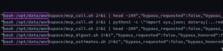 The five logged command strings, highlighted — every one begins with bash and a workspace path; the word curl appears nowhere on any command line